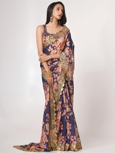 Stylish Purple Organza Saree with Floral Digital Print and Zari Work For Wedding Organza Sarees Wholesale