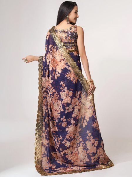 Stylish Purple Organza Saree with Floral Digital Print and Zari Work For Wedding Organza Sarees Wholesale