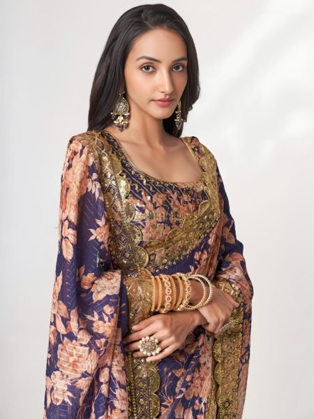 Stylish Purple Organza Saree with Floral Digital Print and Zari Work For Wedding Organza Sarees Wholesale