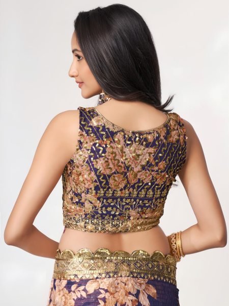 Stylish Purple Organza Saree with Floral Digital Print and Zari Work For Wedding Organza Sarees Wholesale