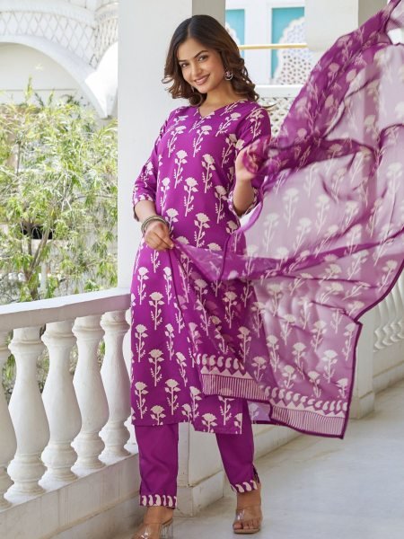 Stylish Purple Printed Cotton Suit Set with Dupatta Comfortable Festive Outfit Kurtis