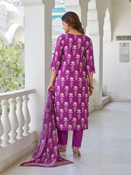 Stylish Purple Printed Cotton Suit Set with Dupatta Comfortable Festive Outfit 3 Piece Kurti Set
