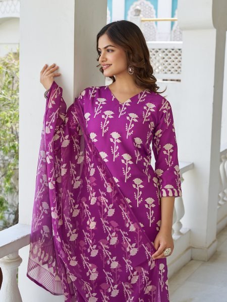 Stylish Purple Printed Cotton Suit Set with Dupatta Comfortable Festive Outfit 3 Piece Kurti Set