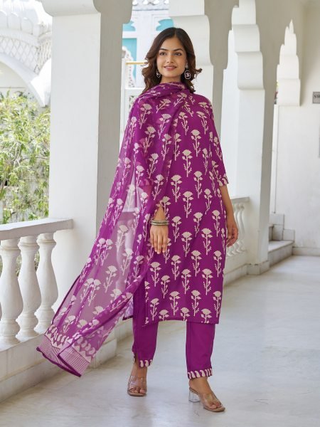Stylish Purple Printed Cotton Suit Set with Dupatta Comfortable Festive Outfit 3 Piece Kurti Set
