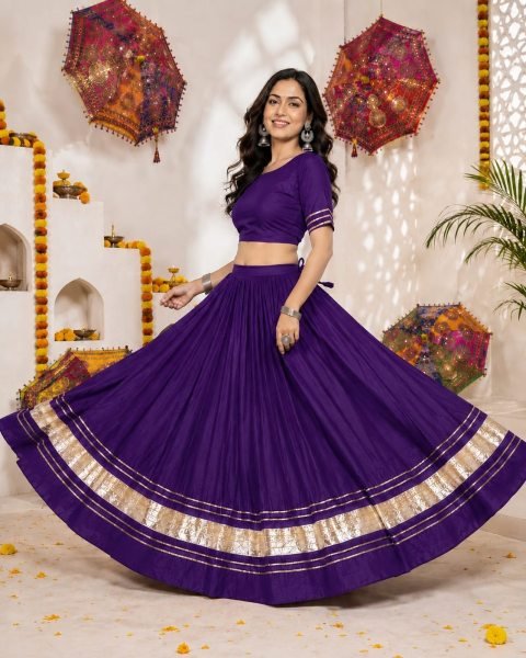 Stylish Purple Pure Rayon Cotton Kali Chaniya Choli with Gota Patti Work for Navratri Navratri Lehnega Choli