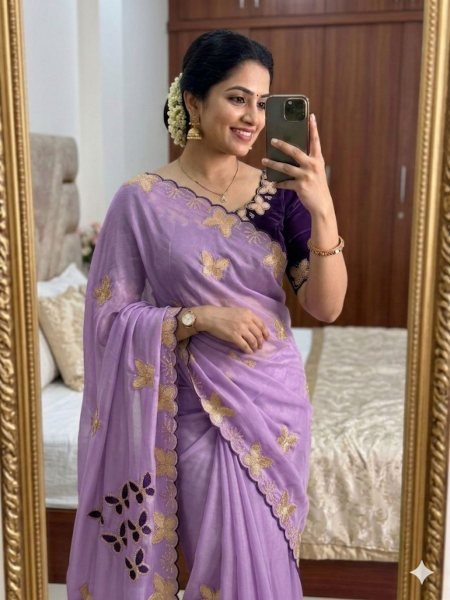 Stylish Purple Star Georgette Saree with Multi-Color Embroidery Work  Embroidery Sarees Wholesale