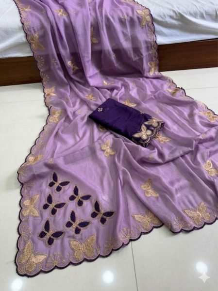 Stylish Purple Star Georgette Saree with Multi-Color Embroidery Work  Embroidery Sarees Wholesale
