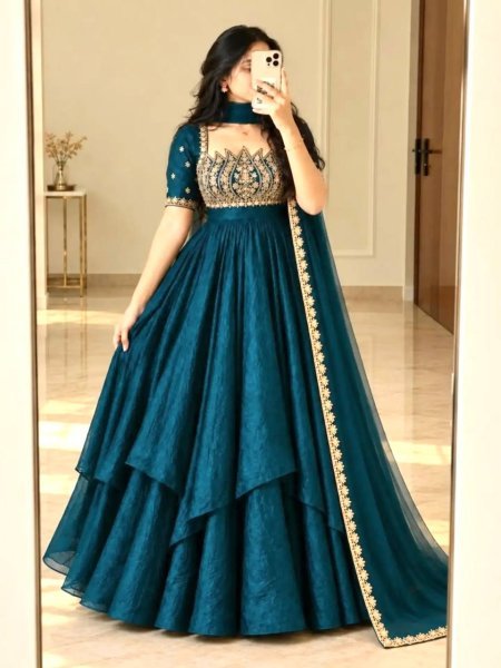 Stylish Rama Designer Fandy Crush Silk Gown with 7 Meter Grand Flair at Manufacturer  Ready To Wear Collection