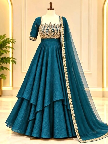 Stylish Rama Designer Fandy Crush Silk Gown with 7 Meter Grand Flair at Manufacturer  Ready To Wear Collection