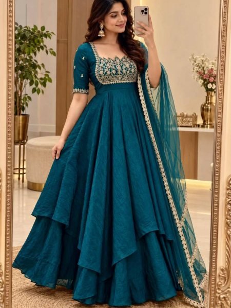 Stylish Rama Designer Fandy Crush Silk Gown with 7 Meter Grand Flair at Manufacturer  Ready To Wear Collection