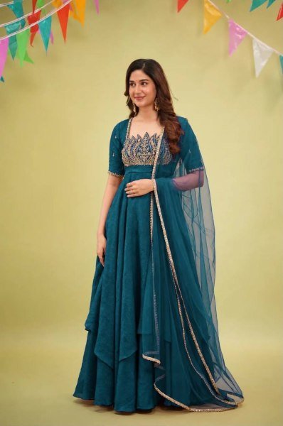 Stylish Rama Designer Fandy Crush Silk Gown with 7 Meter Grand Flair at Manufacturer  Ready To Wear Collection
