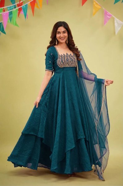 Stylish Rama Designer Fandy Crush Silk Gown with 7 Meter Grand Flair at Manufacturer  Ready To Wear Collection
