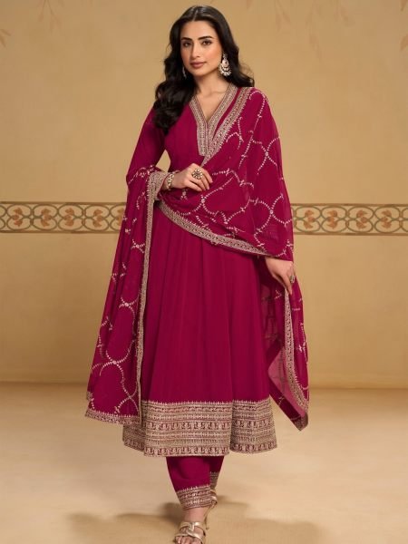 Stylish Rani Pink Designer Real Georgette Mehfil Suit with Embroidered Work 