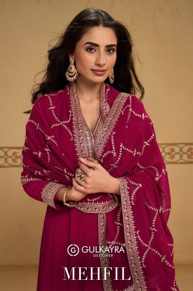 Stylish Rani Pink Designer Real Georgette Mehfil Suit with Embroidered Work Anarakali Gown Wholesale