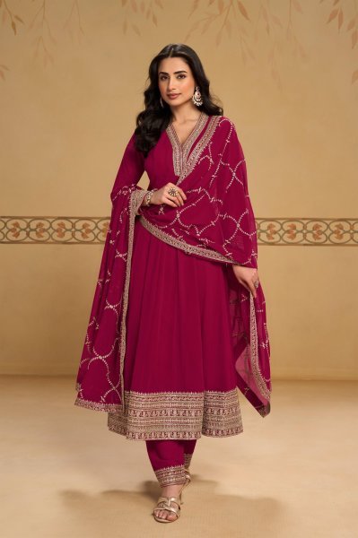 Stylish Rani Pink Designer Real Georgette Mehfil Suit with Embroidered Work Anarakali Gown Wholesale