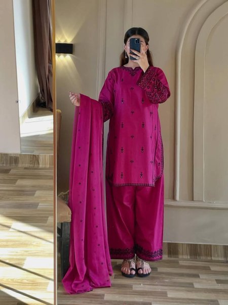 Stylish Rani Pink Rayon Cotton Embroidered Kurti Set with Farshi Pant and Nazmin Dupatta Ready To Wear Collection