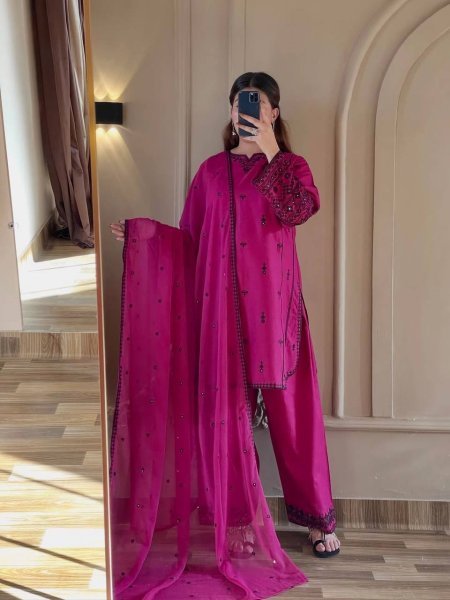 Stylish Rani Pink Rayon Cotton Embroidered Kurti Set with Farshi Pant and Nazmin Dupatta Ready To Wear Collection