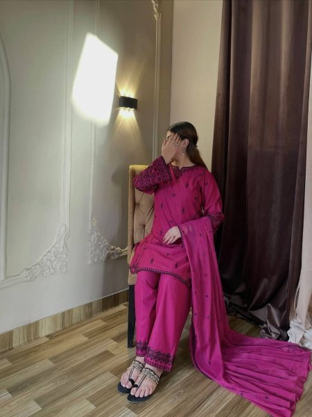 Stylish Rani Pink Rayon Cotton Embroidered Kurti Set with Farshi Pant and Nazmin Dupatta Ready To Wear Collection