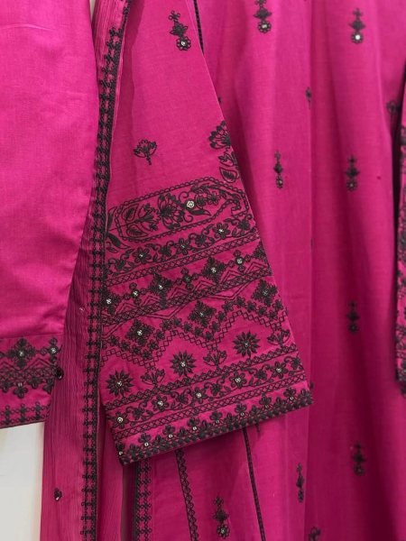 Stylish Rani Pink Rayon Cotton Embroidered Kurti Set with Farshi Pant and Nazmin Dupatta Ready To Wear Collection