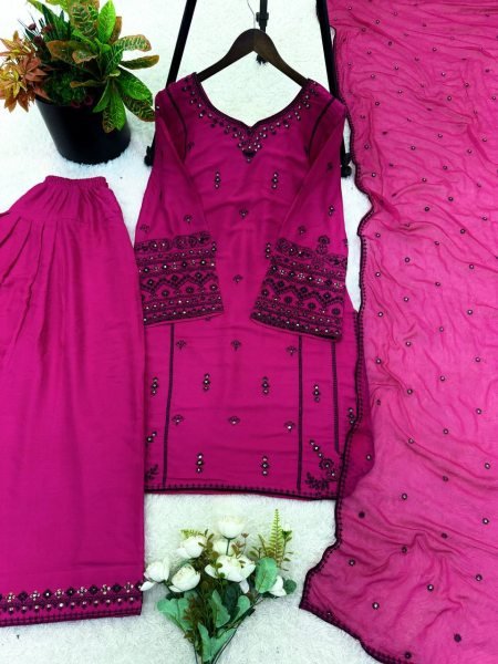 Stylish Rani Pink Rayon Cotton Embroidered Kurti Set with Farshi Pant and Nazmin Dupatta Ready To Wear Collection