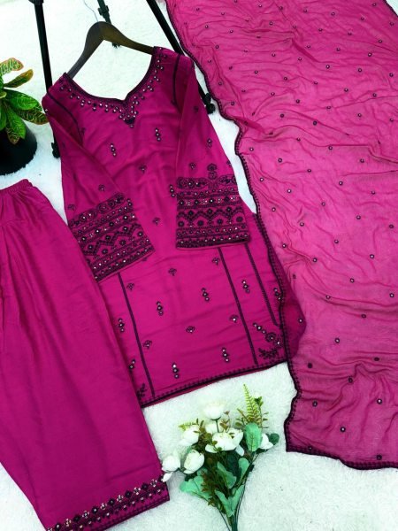 Stylish Rani Pink Rayon Cotton Embroidered Kurti Set with Farshi Pant and Nazmin Dupatta Ready To Wear Collection