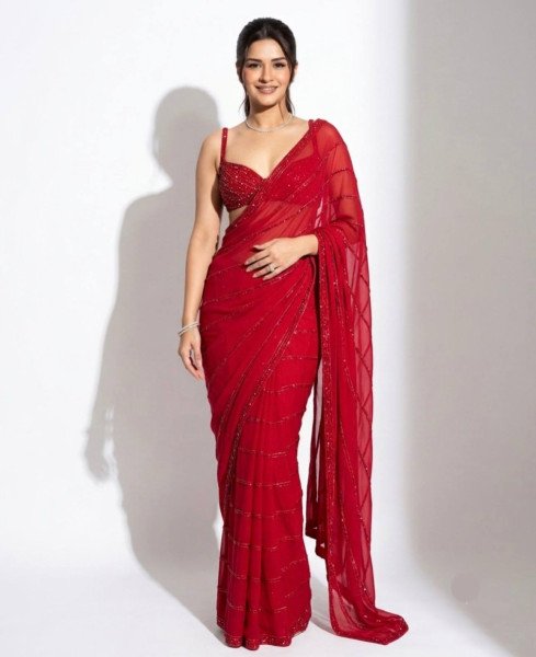 Stylish Red Faux Georgette Saree with Banglori Silk Blouse for Luxurious Events Georgette Sarees Wholesale