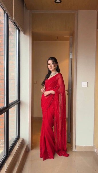 Stylish Red Faux Georgette Saree with Banglori Silk Blouse for Luxurious Events Georgette Sarees Wholesale