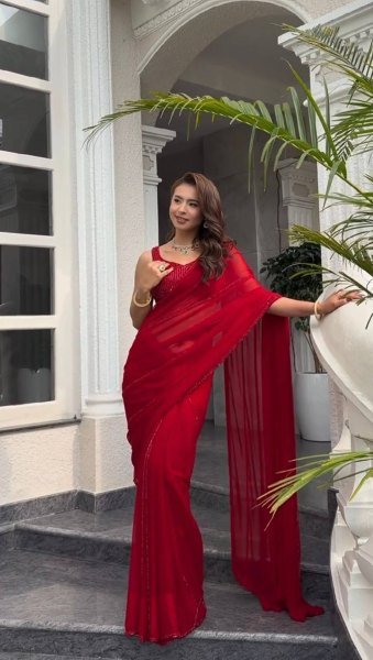 Stylish Red Faux Georgette Saree with Banglori Silk Blouse for Luxurious Events Georgette Sarees Wholesale