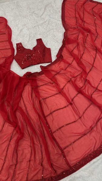 Stylish Red Faux Georgette Saree with Banglori Silk Blouse for Luxurious Events Georgette Sarees Wholesale
