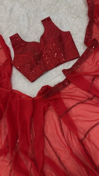 Stylish Red Faux Georgette Saree with Banglori Silk Blouse for Luxurious Events Georgette Sarees Wholesale