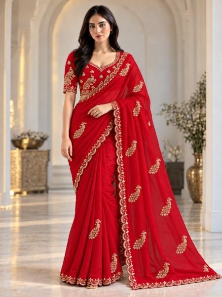 Stylish Red Fendy Satin Silk Saree with Embroidered Lace Border and Blouse for Festival Sarees 