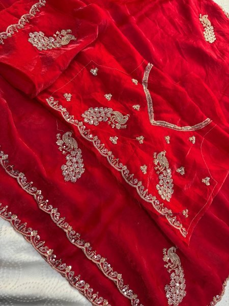 Stylish Red Fendy Satin Silk Saree with Embroidered Lace Border and Blouse for Festival Silk Sarees Wholesale