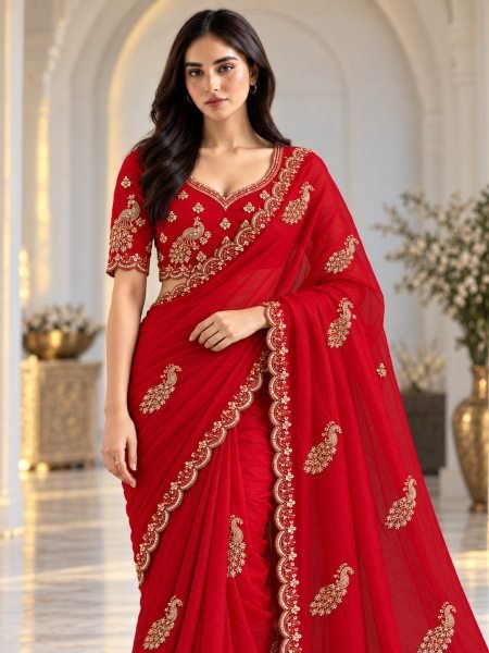 Stylish Red Fendy Satin Silk Saree with Embroidered Lace Border and Blouse for Festival Silk Sarees Wholesale