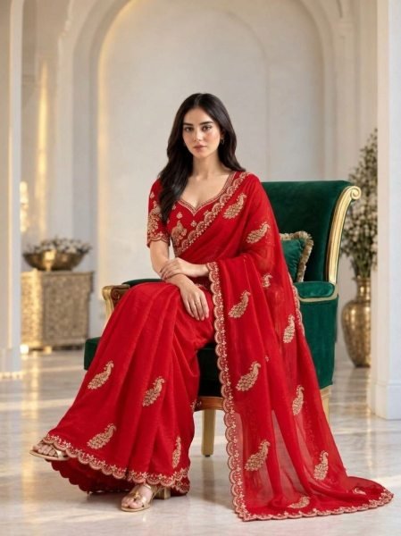 Stylish Red Fendy Satin Silk Saree with Embroidered Lace Border and Blouse for Festival Silk Sarees Wholesale