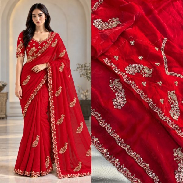 Stylish Red Fendy Satin Silk Saree with Embroidered Lace Border and Blouse for Festival Silk Sarees Wholesale