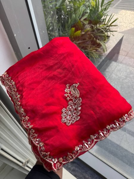 Stylish Red Fendy Satin Silk Saree with Embroidered Lace Border and Blouse for Festival Silk Sarees Wholesale