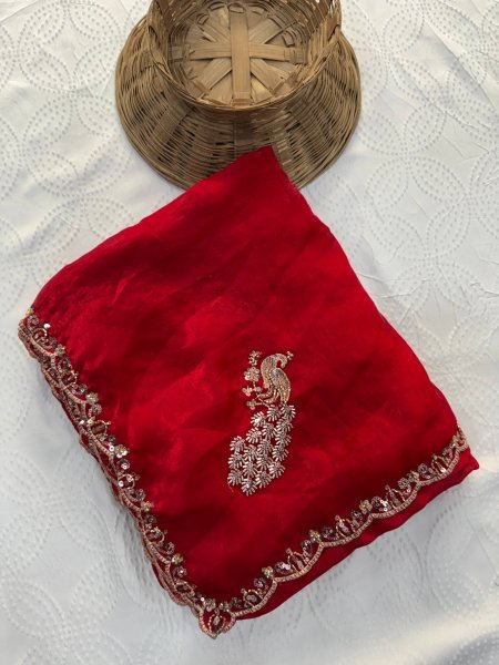 Stylish Red Fendy Satin Silk Saree with Embroidered Lace Border and Blouse for Festival Silk Sarees Wholesale