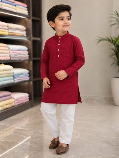 Stylish Red Kids Boys Silk Kurta Pyjama Set with Crossed Work at Wholesale Rate 