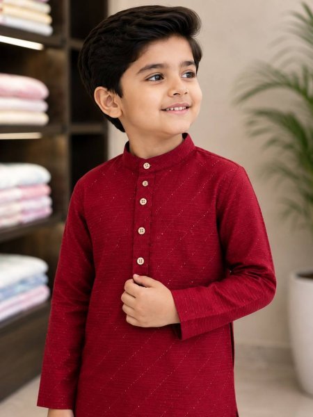 Stylish Red Kids Boys Silk Kurta Pyjama Set with Crossed Work at Wholesale Rate Boys Wear