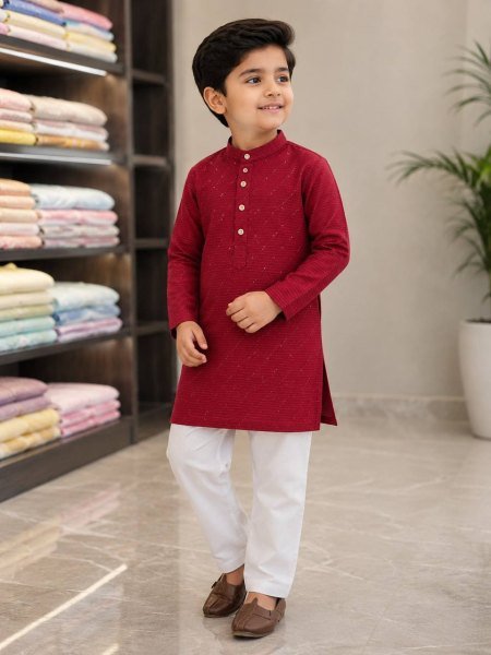 Stylish Red Kids Boys Silk Kurta Pyjama Set with Crossed Work at Wholesale Rate Boys Wear