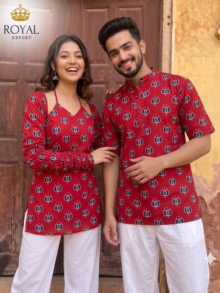 Stylish Red Matching Cotton Couple Dresses for Diwali Festival Couple Combo collection 