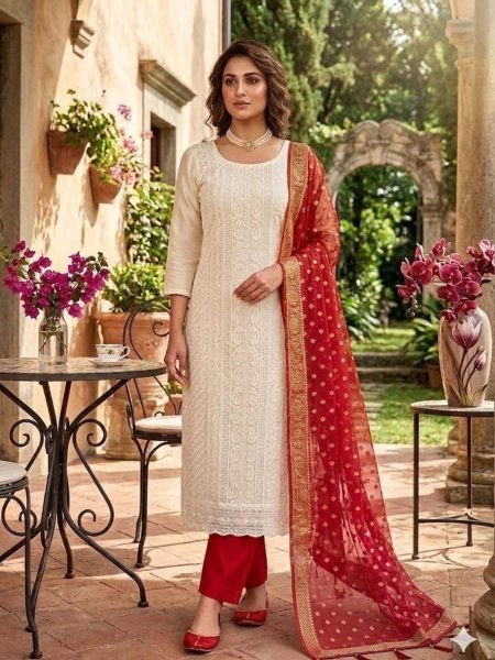 Stylish Red Premium Siffly Work Suit Set with Santoon Bottom and Stylish Dupatta 