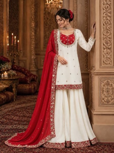 Stylish Red Ready to Wear Chinon Silk Embroidered Top Palazzo with Dupatta Ready To Wear Suit
