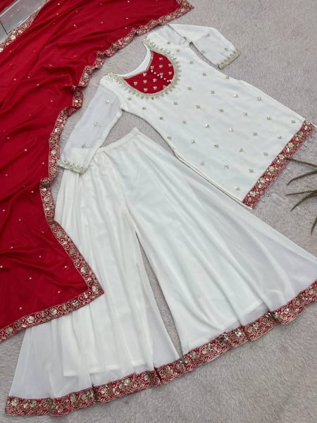 Stylish Red Ready to Wear Chinon Silk Embroidered Top Palazzo with Dupatta Ready To Wear Collection
