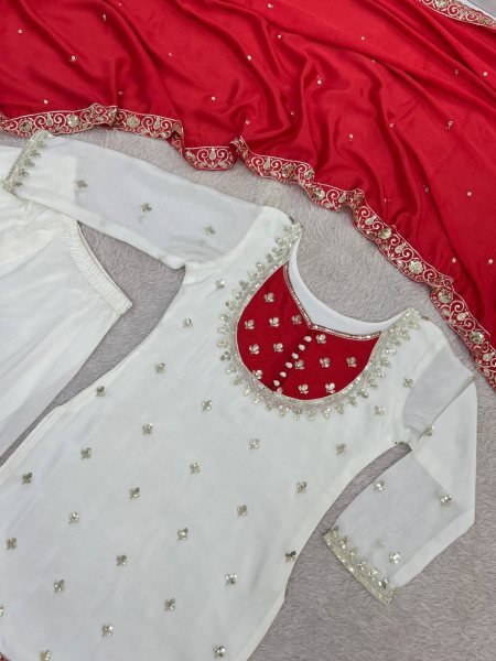 Stylish Red Ready to Wear Chinon Silk Embroidered Top Palazzo with Dupatta Ready To Wear Collection