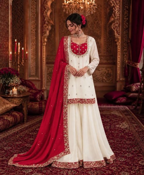 Stylish Red Ready to Wear Chinon Silk Embroidered Top Palazzo with Dupatta Ready To Wear Collection