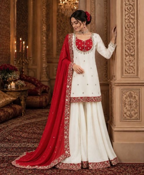 Stylish Red Ready to Wear Chinon Silk Embroidered Top Palazzo with Dupatta Ready To Wear Collection