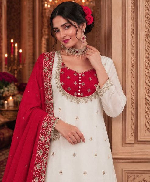 Stylish Red Ready to Wear Chinon Silk Embroidered Top Palazzo with Dupatta Ready To Wear Collection