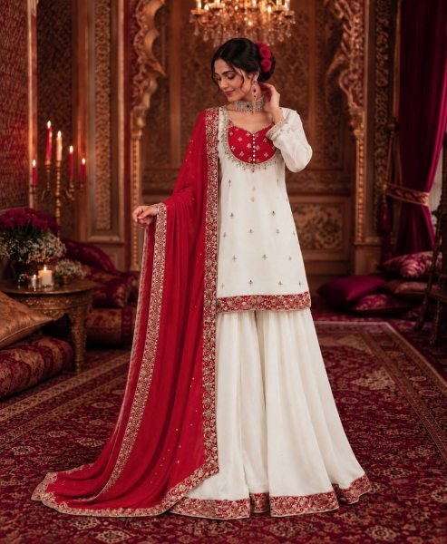 Stylish Red Ready to Wear Chinon Silk Embroidered Top Palazzo with Dupatta Ready To Wear Collection