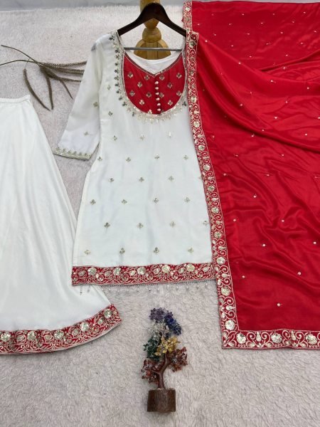 Stylish Red Ready to Wear Chinon Silk Embroidered Top Palazzo with Dupatta Ready To Wear Collection